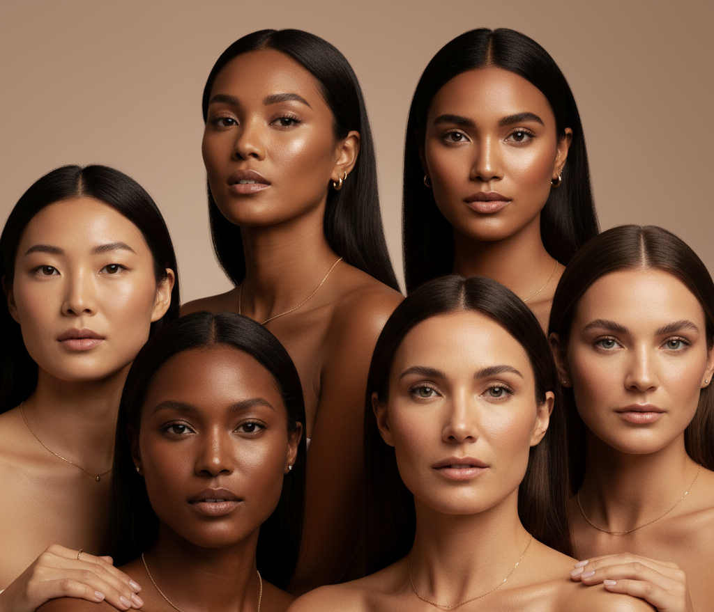 Group of six beautiful women with various skin tones on a beige background